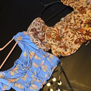 Floral Ruffle Blouse Set - Blue and Cream